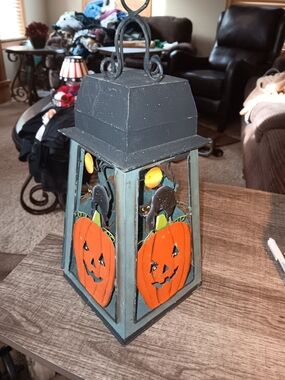 Black and Orange Pumpkin Lantern with Black Cat Accents